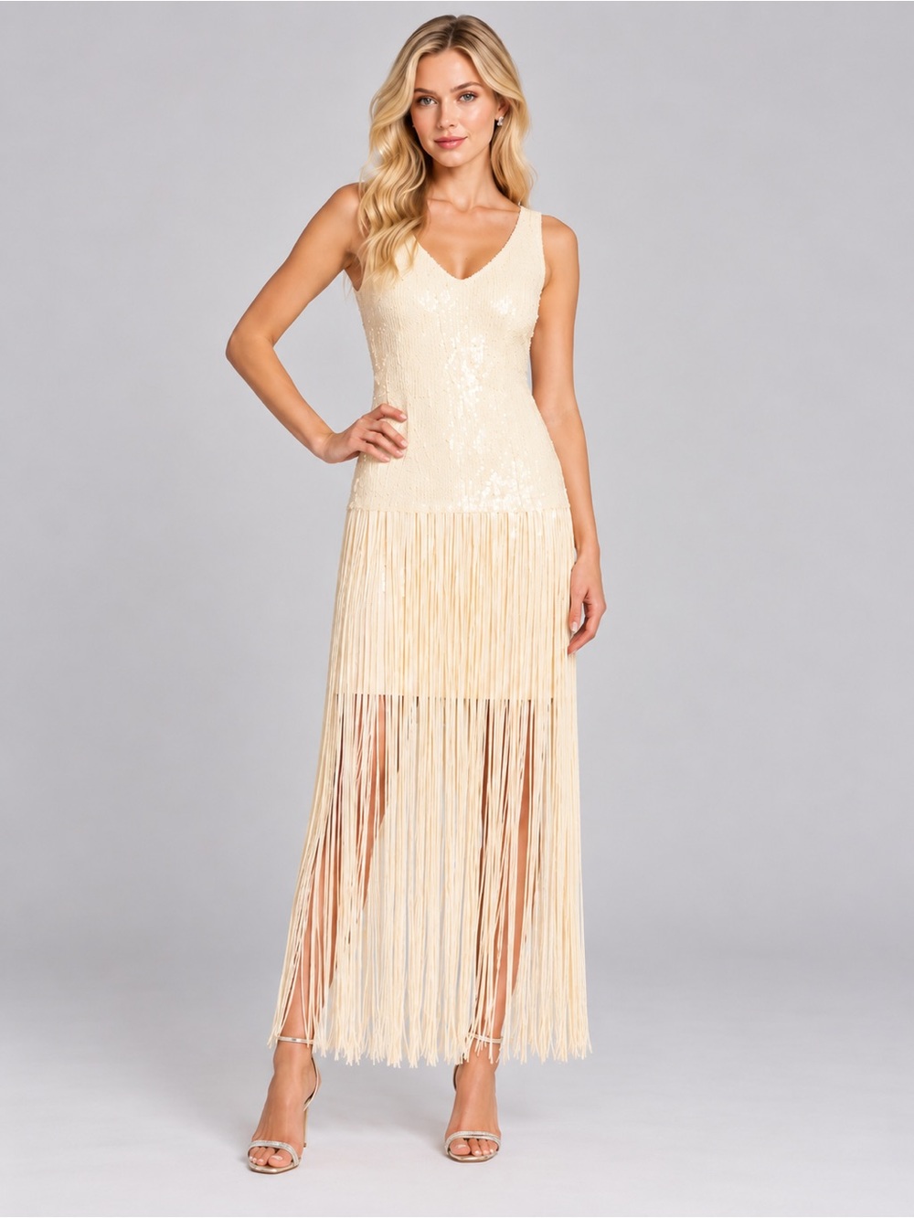 Badgley Mischka Size 10 Ivory Sequin Fringe Maxi Dress Gatsby Cocktail NWT GALA